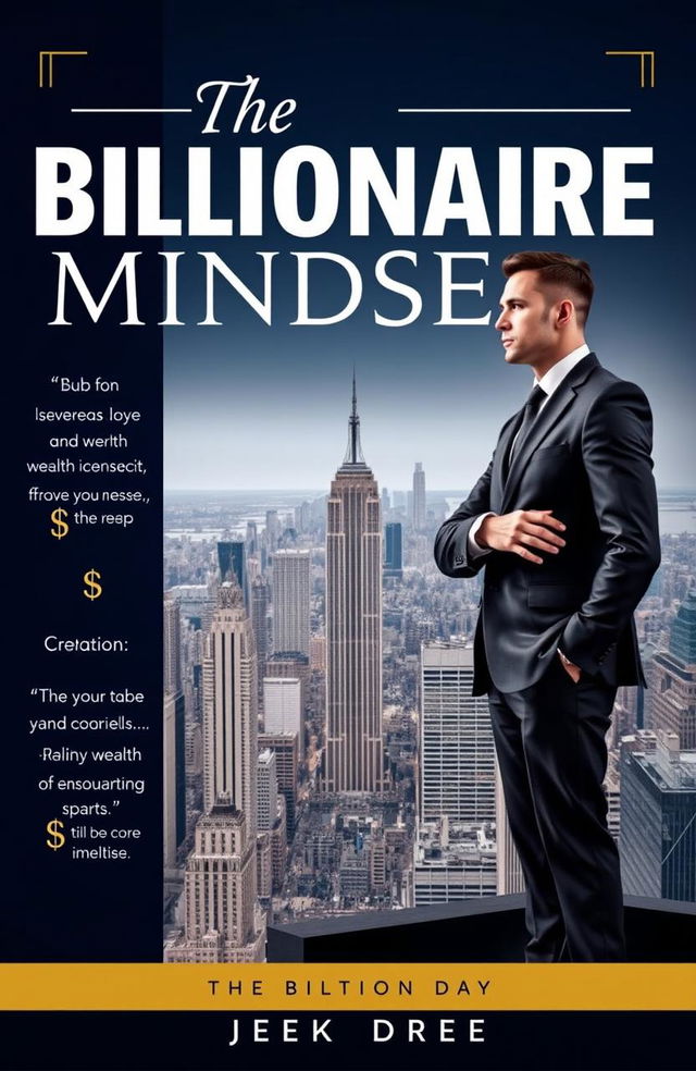 A professional e-book cover featuring the concept of billionaire mindset, showcasing a confident and successful business person standing atop a city skyline, with a panoramic view of a bustling metropolis in the background