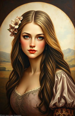 An exquisite old painting featuring a very beautiful woman