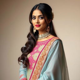 An elegant Indian beauty dressed in a traditional yet modern Indian suit, exuding grace and sophistication