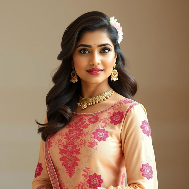 An elegant Indian beauty dressed in a traditional yet modern Indian suit, exuding grace and sophistication