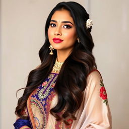 An elegant Indian beauty dressed in a traditional yet modern Indian suit, exuding grace and sophistication