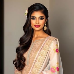An elegant Indian beauty dressed in a traditional yet modern Indian suit, exuding grace and sophistication