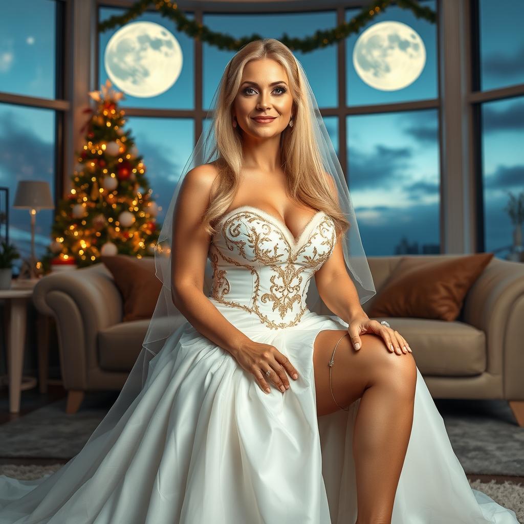 A full-body image of a beautiful 50-year-old mature woman with Venezuelan features, wearing a sexy short wedding dress with a white veil and golden details