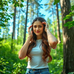 A university woman standing in a forest, touching her forehead gently as if she just bumped into a tree