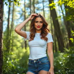 A university woman standing in a forest, touching her forehead gently as if she just bumped into a tree