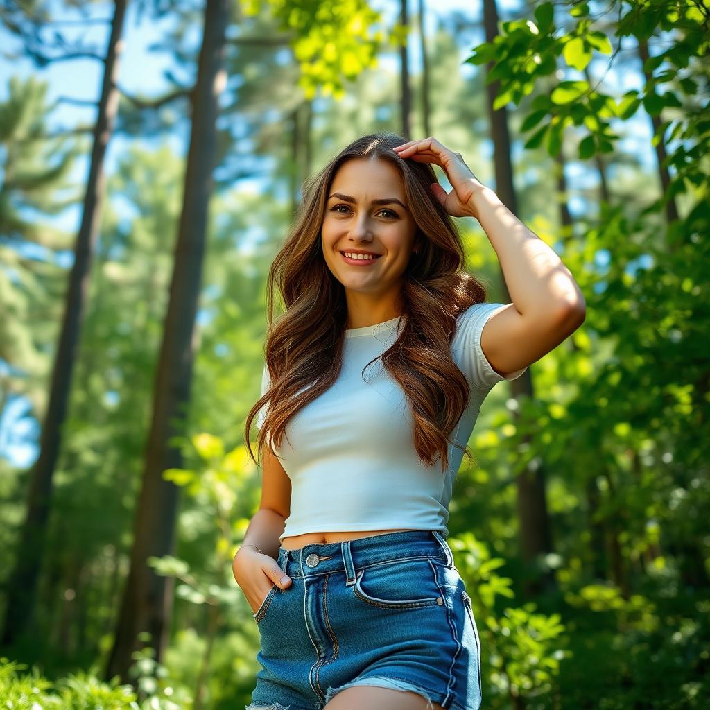 A university woman standing in a forest, touching her forehead gently as if she just bumped into a tree