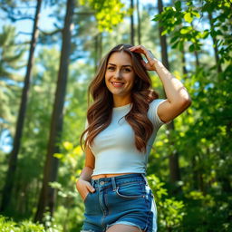 A university woman standing in a forest, touching her forehead gently as if she just bumped into a tree