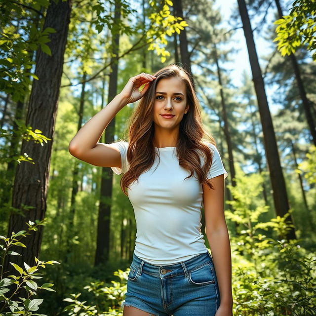 A university woman standing in a forest, touching her forehead gently as if she just bumped into a tree