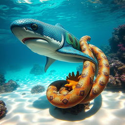 A striking and fantastical hybrid creature combining the features of a hammerhead shark and a boa constrictor