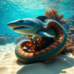 A striking and fantastical hybrid creature combining the features of a hammerhead shark and a boa constrictor