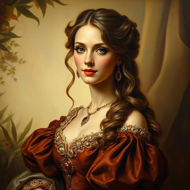 An elegant old painting of a very beautiful woman, capturing her charm and grace