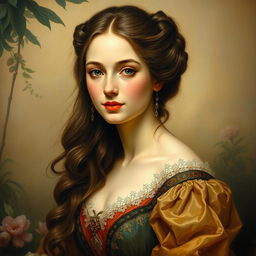 An elegant old painting of a very beautiful woman, capturing her charm and grace