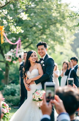 A beautiful couple sharing an intimate moment on their wedding day, standing outdoors in a picturesque garden filled with blooming flowers