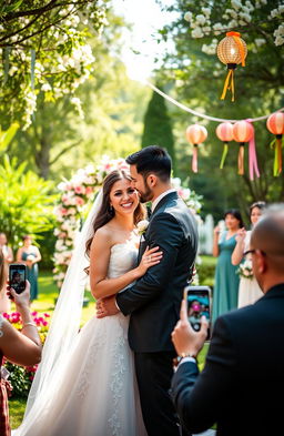 A beautiful couple sharing an intimate moment on their wedding day, standing outdoors in a picturesque garden filled with blooming flowers