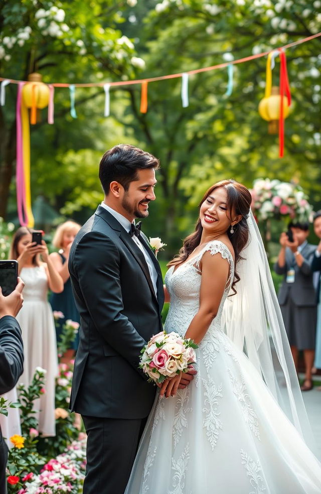 A beautiful couple sharing an intimate moment on their wedding day, standing outdoors in a picturesque garden filled with blooming flowers