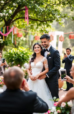 A beautiful couple sharing an intimate moment on their wedding day, standing outdoors in a picturesque garden filled with blooming flowers