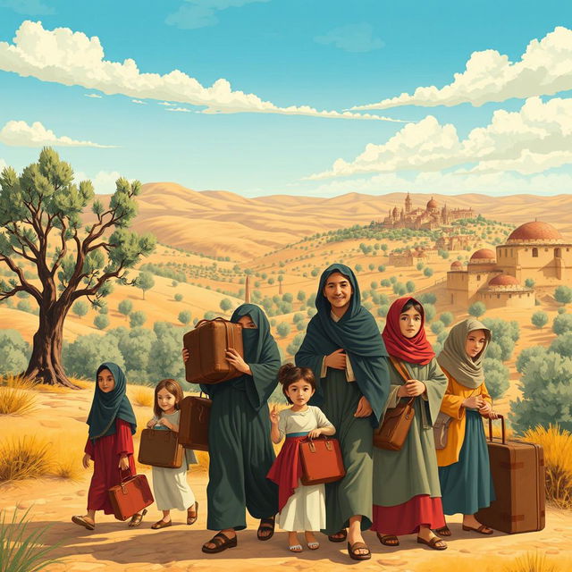 A historical illustration depicting the Jewish migration to Palestine, showcasing the early 20th-century scene