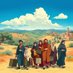 A historical illustration depicting the Jewish migration to Palestine, showcasing the early 20th-century scene