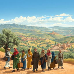 A historical illustration depicting the Jewish migration to Palestine, showcasing the early 20th-century scene