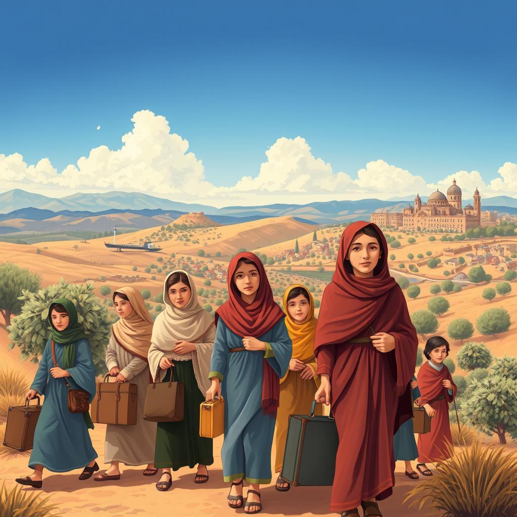 A historical illustration depicting the Jewish migration to Palestine, showcasing the early 20th-century scene