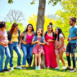 A humorous outdoor scene featuring a group of friends laughing around a girl who has just playfully bumped into a tree