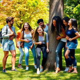 A humorous outdoor scene featuring a group of friends laughing around a girl who has just playfully bumped into a tree