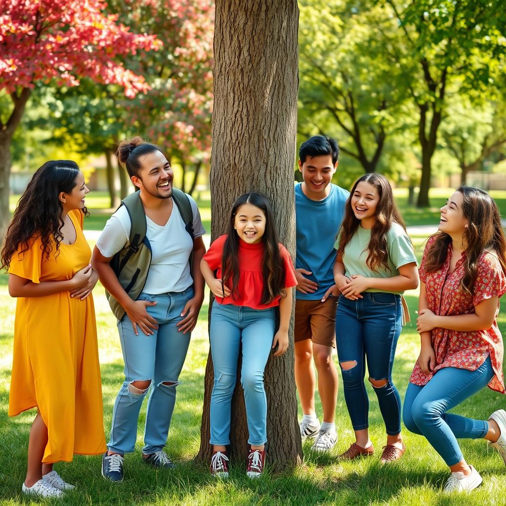 A humorous outdoor scene featuring a group of friends laughing around a girl who has just playfully bumped into a tree