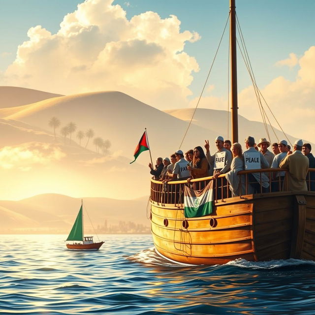 A historic scene depicting Jewish immigration to Palestine by ship