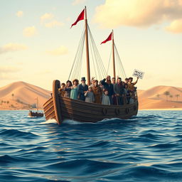 A historic scene depicting Jewish immigration to Palestine by ship