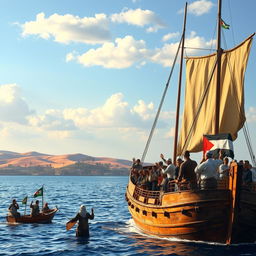 A historic scene depicting Jewish immigration to Palestine by ship