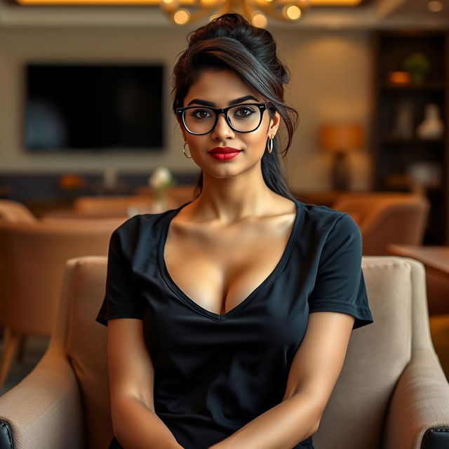 An elegant Indian beauty wearing a black t-shirt that gracefully reveals her beautiful cleavage while sitting confidently on a stylish chair