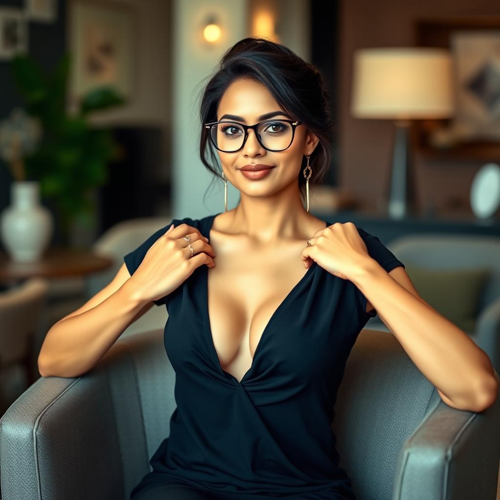 An elegant Indian beauty wearing a black t-shirt that gracefully reveals her beautiful cleavage while sitting confidently on a stylish chair