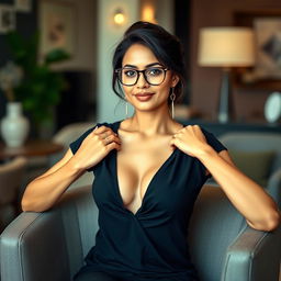 An elegant Indian beauty wearing a black t-shirt that gracefully reveals her beautiful cleavage while sitting confidently on a stylish chair