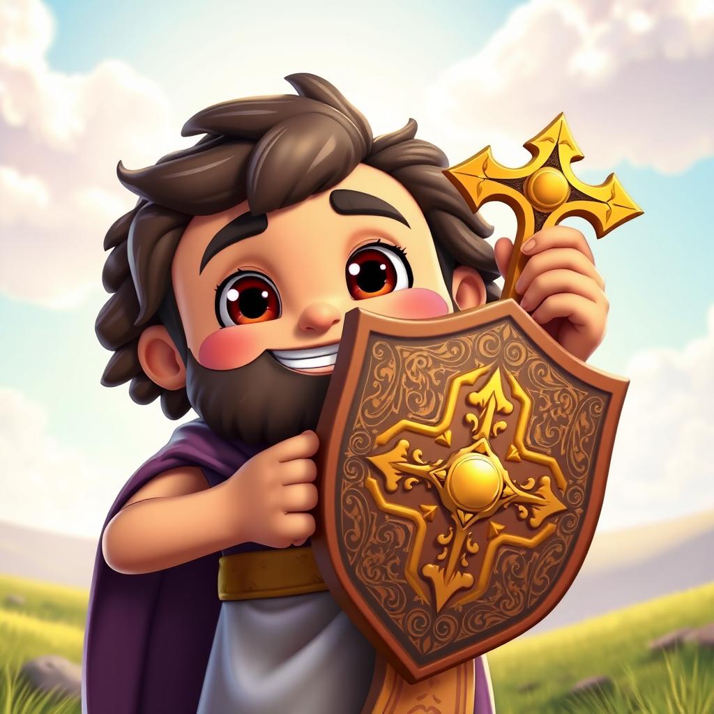 An animated Bible character holding a shield in one hand and a cross in the other