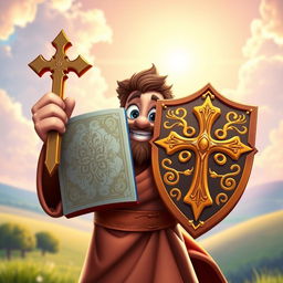 An animated Bible character holding a shield in one hand and a cross in the other