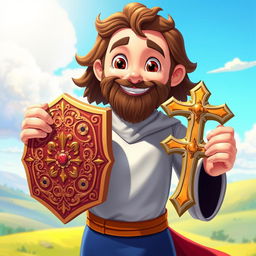 An animated Bible character holding a shield in one hand and a cross in the other