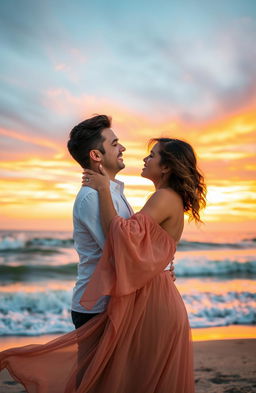A passionate love scene between a couple, embracing in a romantic setting