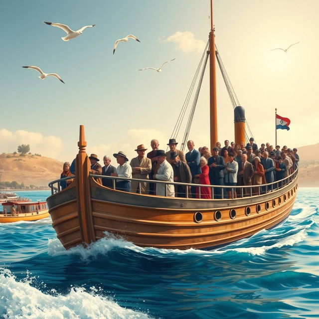 A historical scene depicting Jewish immigrants arriving in Palestine by ship during the immigration period