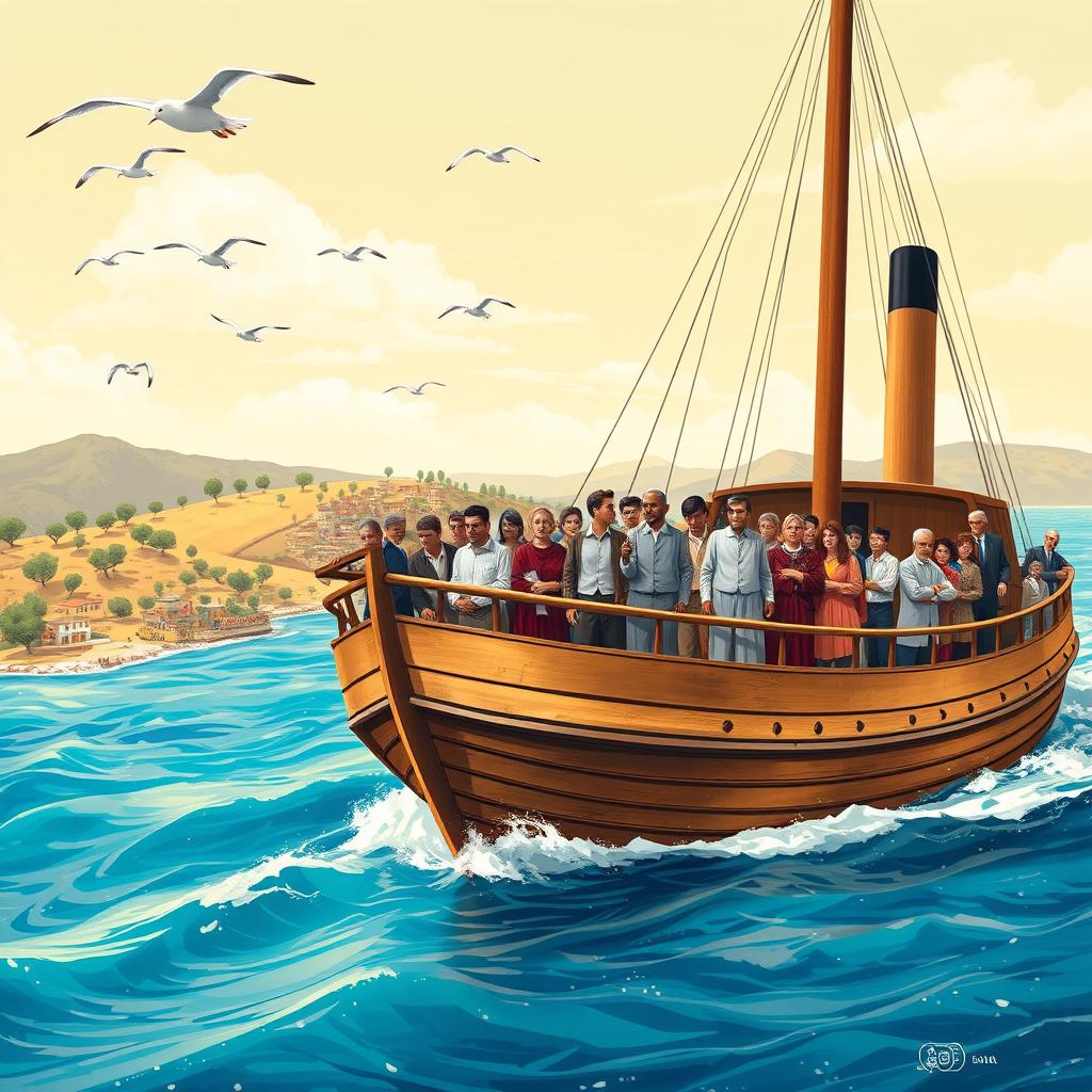 A historical scene depicting Jewish immigrants arriving in Palestine by ship during the immigration period