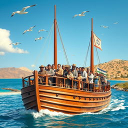 A historical scene depicting Jewish immigrants arriving in Palestine by ship during the immigration period