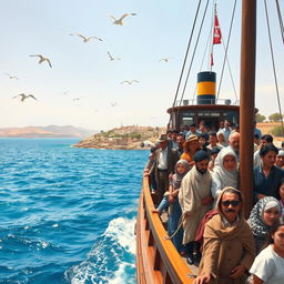 A historical scene depicting Jewish immigrants arriving in Palestine by ship during the immigration period
