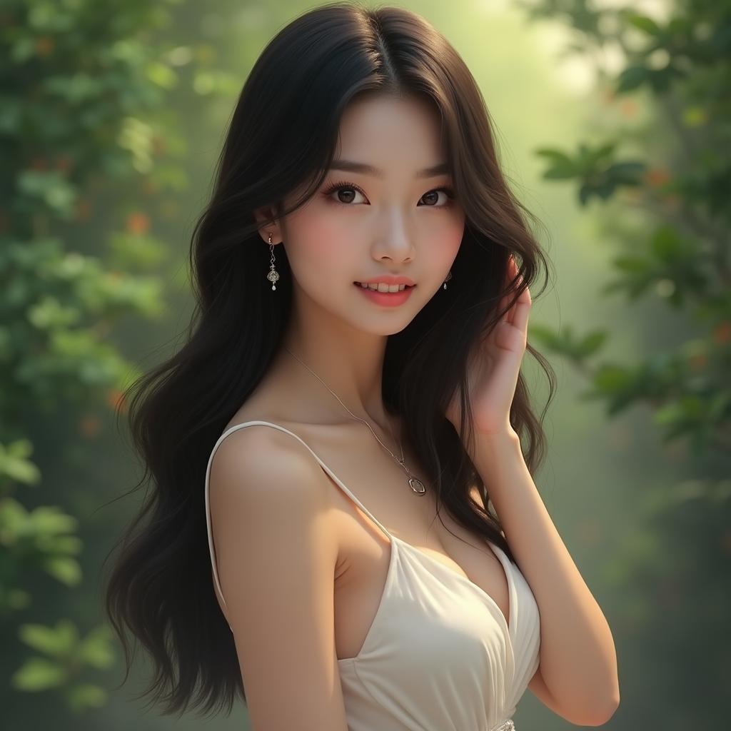 A realistic and artistic depiction of a 20-year-old Chinese woman, posed elegantly in a tastefully artistic manner, showcasing her beauty and grace in a natural setting, with soft, ambient lighting that highlights the contours of her figure