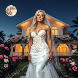 A full-body image of a beautiful 50-year-old mature woman with Venezuelan features, wearing a sexy short wedding dress with a white veil and golden details