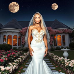 A full-body image of a beautiful 50-year-old mature woman with Venezuelan features, wearing a sexy short wedding dress with a white veil and golden details