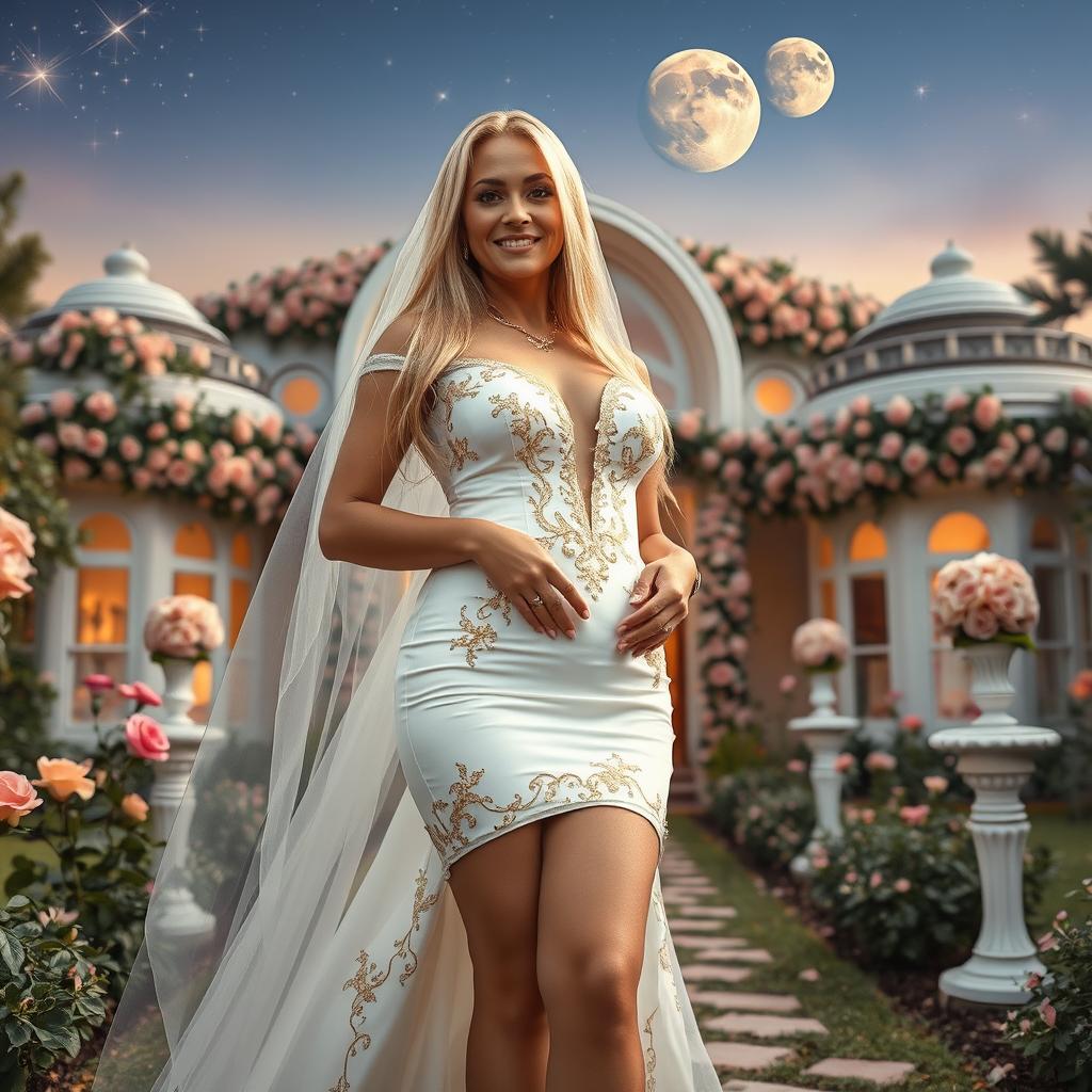 A full-body image of a beautiful 50-year-old mature woman with Venezuelan features, wearing a sexy short wedding dress with a white veil and golden details