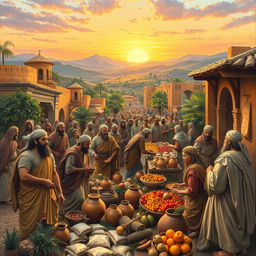 A vibrant depiction of the historical and cultural essence of the ancient Israelites, showcasing a bustling marketplace in biblical times, with men and women in traditional garb engaging in trade, surrounded by lush landscapes and ancient architecture