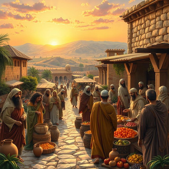 A vibrant depiction of the historical and cultural essence of the ancient Israelites, showcasing a bustling marketplace in biblical times, with men and women in traditional garb engaging in trade, surrounded by lush landscapes and ancient architecture