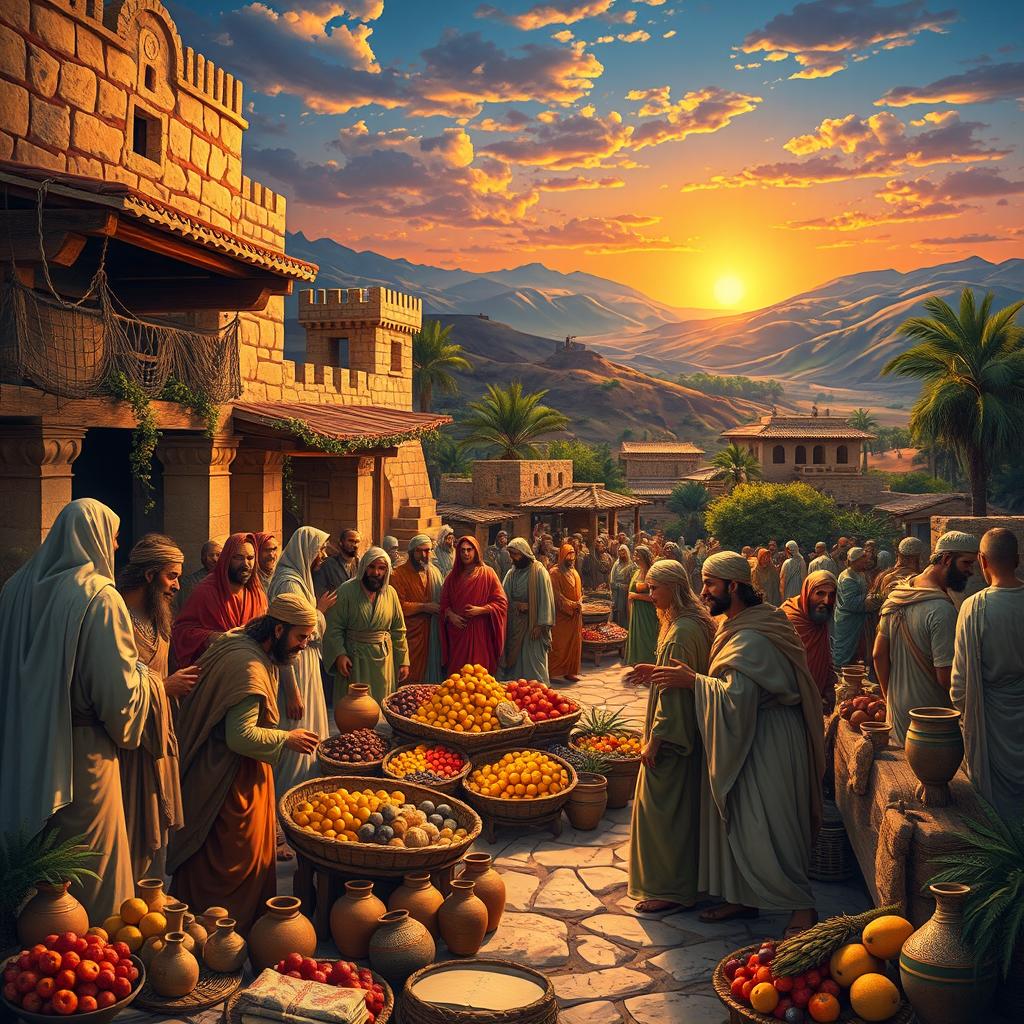 A vibrant depiction of the historical and cultural essence of the ancient Israelites, showcasing a bustling marketplace in biblical times, with men and women in traditional garb engaging in trade, surrounded by lush landscapes and ancient architecture