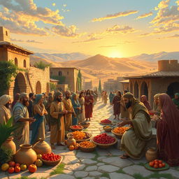 A vibrant depiction of the historical and cultural essence of the ancient Israelites, showcasing a bustling marketplace in biblical times, with men and women in traditional garb engaging in trade, surrounded by lush landscapes and ancient architecture