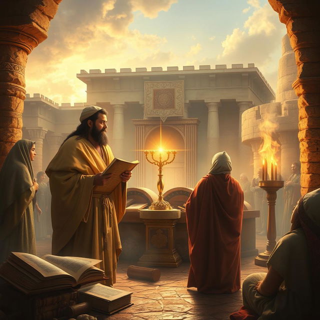 A vivid depiction of the historical and cultural significance of Bani Israel, featuring elements like ancient Hebrew manuscripts, traditional clothing of the era, and a backdrop of historical architecture reflecting ancient Israelite society